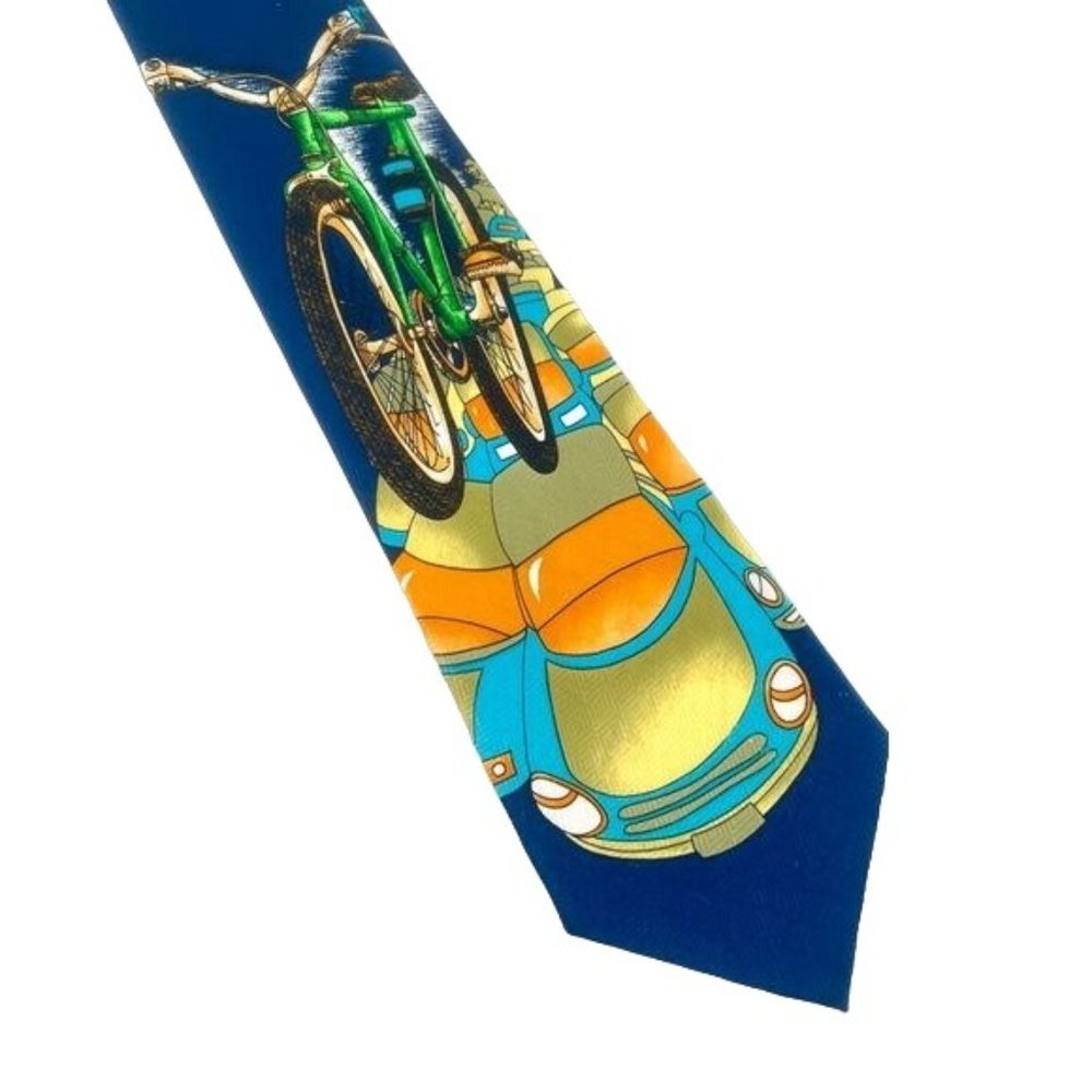 Vintage Dead Stock E. Graziano Bike & Car Pop Art Tie Navy 100% Polyester